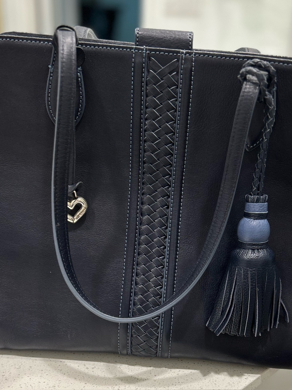 Brighton Black Leather Tote with Braided Center and Tassel